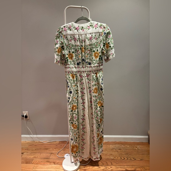 Farm Rio Anthropologie Folk Floral Linen Blend Short Sleeve Jumpsuit Medium - Picture 8 of 8